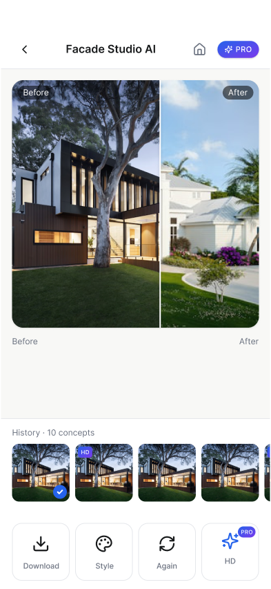 Facade Studio AI style selection screen